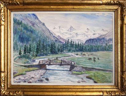 null Gustave MÜLLER-VALENTIN (1894-1954). Pont sur la rivière de montagne. Aquarelle...