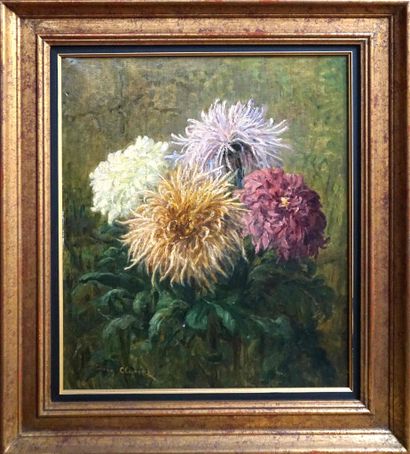 null Eugène CLAUDE (1841-1922). Vase de chrysanthèmes. Huile sur toile signée en...