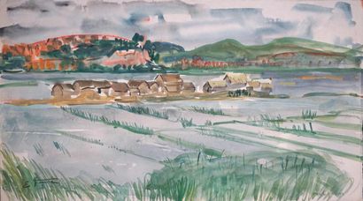 null Elisabeth FAURE (1906-1964). Maisons sur la lagune. Aquarelle signée et située...