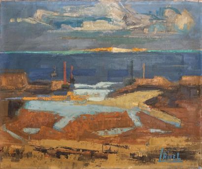 null Lucie RIVEL (1910-1991). Paysage de bord de mer. Huile sur toile signée en bas...