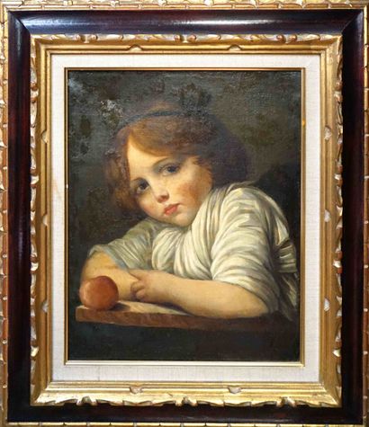null Jean-Baptiste GREUZE (1725-1805) d'après. Portrait d'enfant à la pomme. Huile...