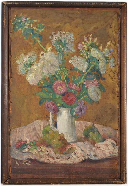 null Emmanuel GONDOUIN (1883-1934) Vase de fleurs et fruits, 1905. Huile sur toile...