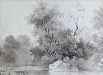 null Christian BRUNE (1793-1849) Arbres en bord de rivière. Lavis d'encre signé et...