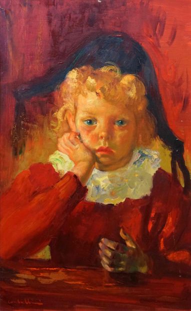 null Luigi CORBELLINI (1901-1968). Portrait d'enfant au chapeau. Huile sur toile...