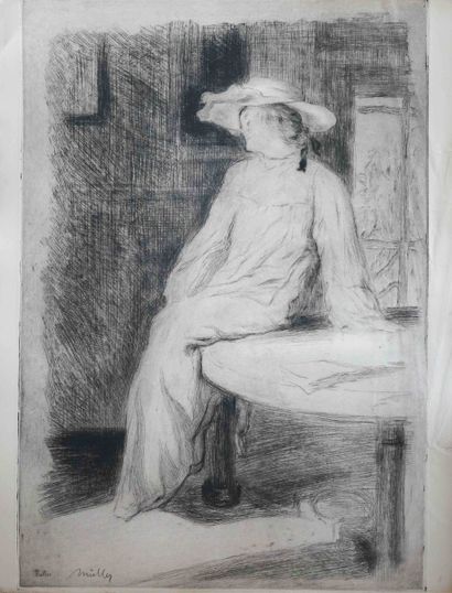 null Alfredo MÜLLER (1869-1939) Seated woman. Etching signed in the lower left with...