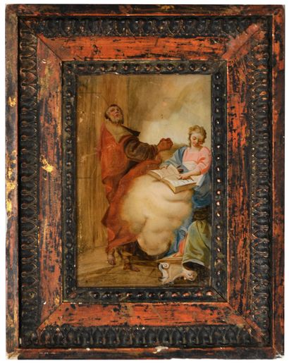 null Ecole du XVIIIe Scène biblique, femme au livre sur un nuage et saint les mains...