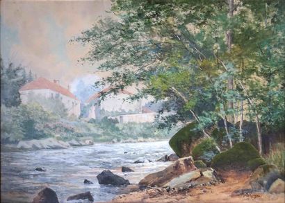 Auguste ALLONGÉ (1833-1898). Paysage de rivière....
