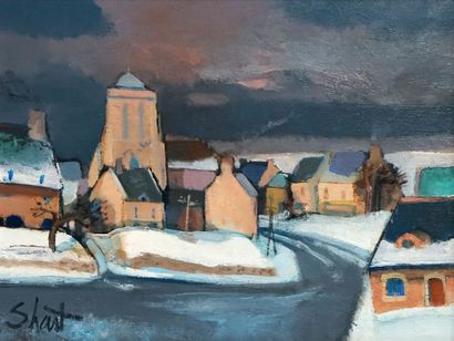 null Serge SHART (1927-2011) Snow in Locronan. Oil on canvas signed lower left, countersigned,...