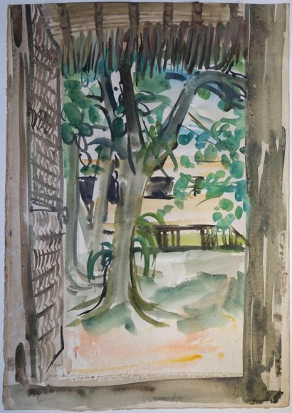 null Jean LAUNOIS (1898-1942). View in the frame of the door. Watercolor signed lower...