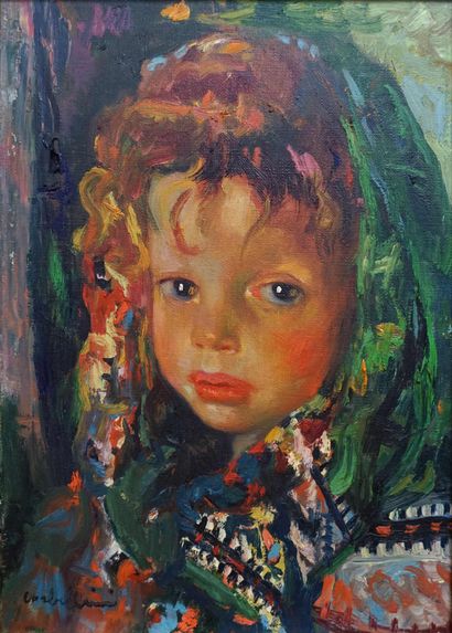 null Luigi CORBELLINI (1901-1968). Portrait de fillette au foulard. Huile sur toile...