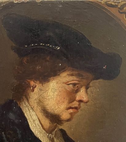 null 
Dutch school XVIIIth, follower of REMBRANDT. Portrait of a young man in three-quarter...