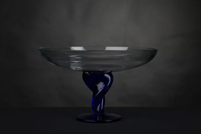 null Serge MANSAU for Murano. Important cup on foot in night blue crystal and colorless...