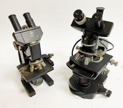 null Lot de trois microscopes : STIASSNIE PARIS, WILD HEERBRUGG et une boite avec...