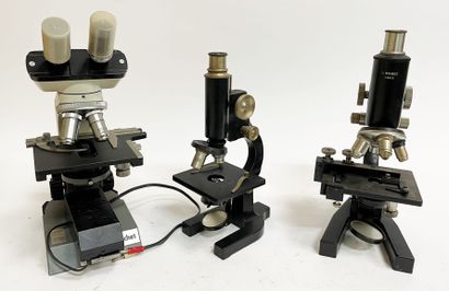 null Lot de trois microscopes : N. BOUBEE PARIS, 2 x NACHET PARIS et petite boite...