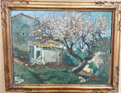 null Ecole française du XXe siècle. "Cabane près du cerisier en fleurs". Huile sur...