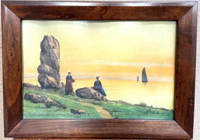 null Ecole française du XXe siècle. "Bretonnes regardant la mer". Pastel, signé en...