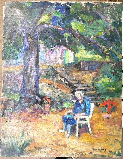 null MURATARE (XXe siècle). "Femme assise dans un jardin". Huile sur isorel, signée...