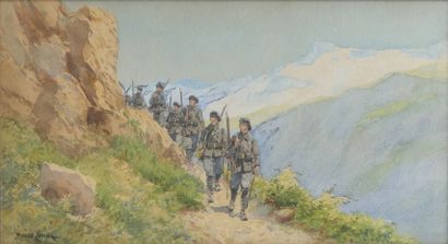 null Pierre COMBA (1859-1934) Chasseurs alpins en manoeuvre. Deux aquarelles signées...