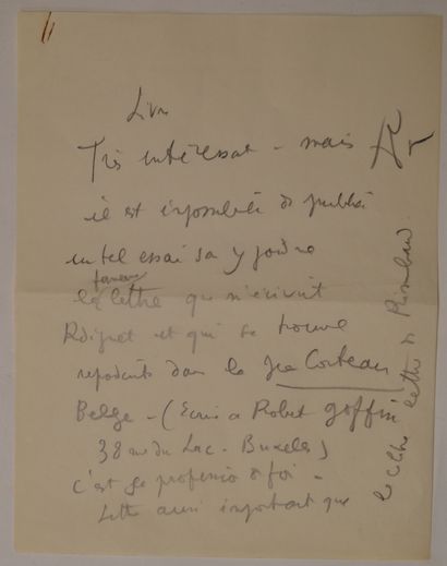  COCTEAU (Jean) écrivain et poète français (1889- 1963) Lettre autographe signée...