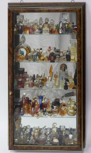  COLLECTION de FLACONS de parfums miniatures dans leur vitrine (88 x 48 cm).