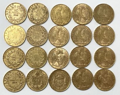 null 
20 pièces de 20 F or, huit Napoleon III dont un Louis Napoléon Bonaparte 1852,...