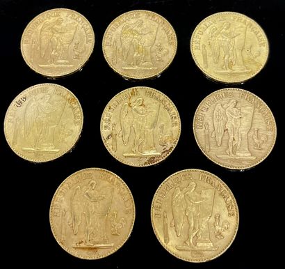 EIGHT PIECES of 20 fr. gold Genie Aile.