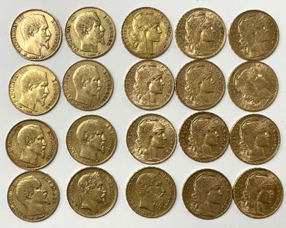  20 pièces de 20 F or, huit Napoleon III...