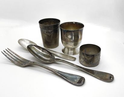  TWO silver TIMBALS, a silver napkin ring, a silver SPOON and a silver COUVER. Minerve...