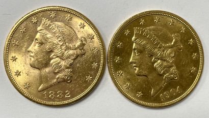  Deux pièces de 20 dollars or, 1882 et 1904....