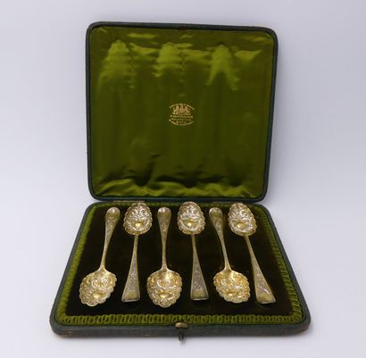 null JACKMAN & Son. SIX silver and vermeil spoons ˆ DESSERT ˆ guilloche and repousse...