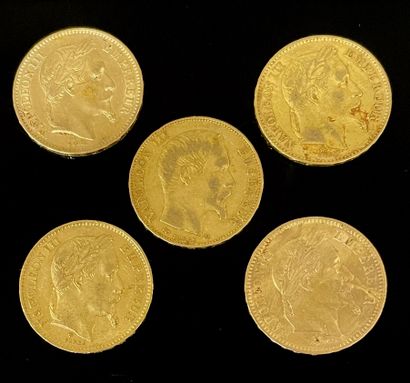 FIVE PIECES of 20 fr. gold Napoleon III one...