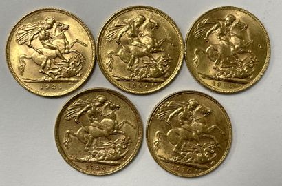 null 
Cinq pièces souverains anglais, une Victoria, deux Edouard VII, deux George...