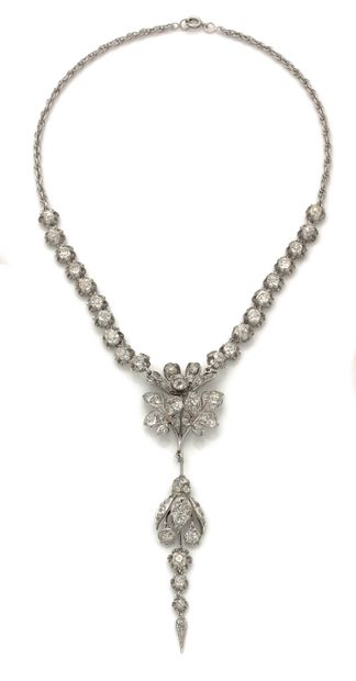 null Silver necklace in the form of a part of a brooch set with rose-cut diamonds,...