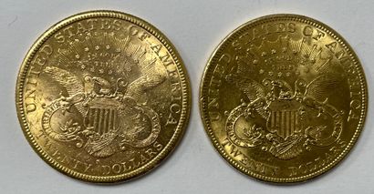null 
Deux pièces de 20 dollars or, 1882 et 1904.
