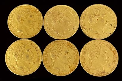 SIX PIECES of 20 fr. gold Napoleon III l...