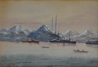  Müfide KADRI (1890-1912) Felouque dans le Bosphore. Aquarelle signée en bas à droite....