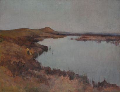 null Frans SMEERS (1873-1960) Femme et enfant au bord d'un lac. Huile sur toile signée...