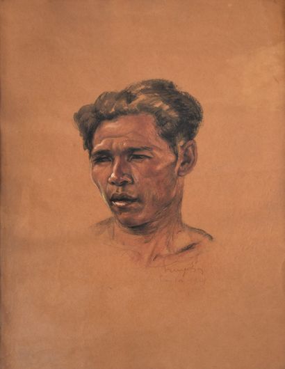 null NGUYEN HUYEN (1915-1984) Portrait of a Vietnamese man, 1939. Charcoal and white...
