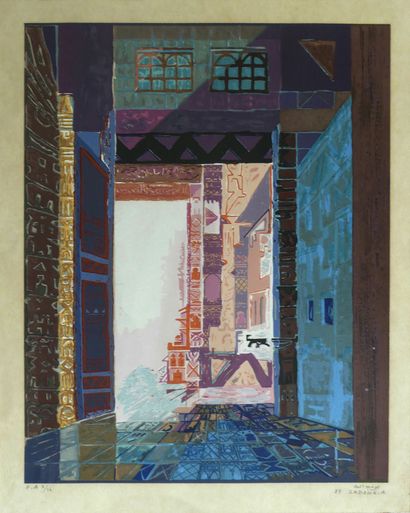 null Abdellah SADOUK (1950) Pink and blue interior. Lithograph annotated artist's...