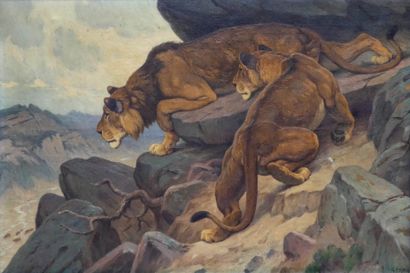 null Georges Frédéric RÖTIG (1873-1961). Lionnes à l'affût. Huile sur toile signée...