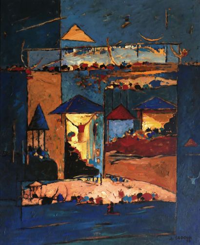 null Abdellah SADOUK (1950) Vue du souk. Huile sur toile datée "96" et signée en...