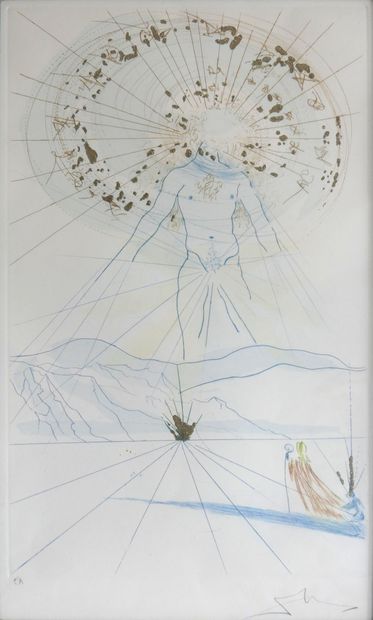  Salvador DALI (1904-1989) L'Homme Céleste. Lithographie en couleurs à rehauts dorés...