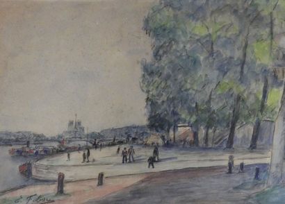  Edouard FEBVRE (1885-1967) Quai animé à Paris. Aquarelle signée en bas à gauche....