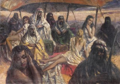 null G. A. GOW (XXth). Bedouin camp with women. Oil on canvas signed lower right....