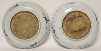 null CHINE ou JAPON. Paire de PLATS en porcelaine de type Bleu et blanc de deux daims...