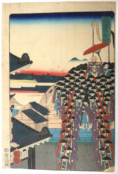 null Yoshitsuya UTAGAWA (1822-1866) d'après. Le pont de Shinbashi à Edo. Estampe...