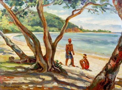 null Roland MASCART (1909- ?) Deux personnages sur la plage ombragée, Nouvelle Calédonie....