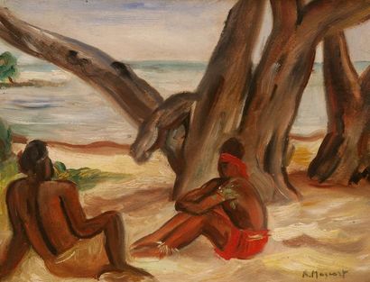 null Roland MASCART (1909- ?) Deux indigènes sur le sable, Nouvelle Calédonie, 1930....