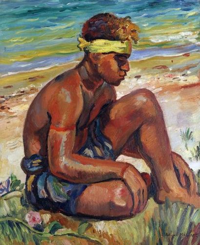 null Roland MASCART (1909- ?) Indigène sur plage, Nouvelle Calédonie, 1930. Huile...