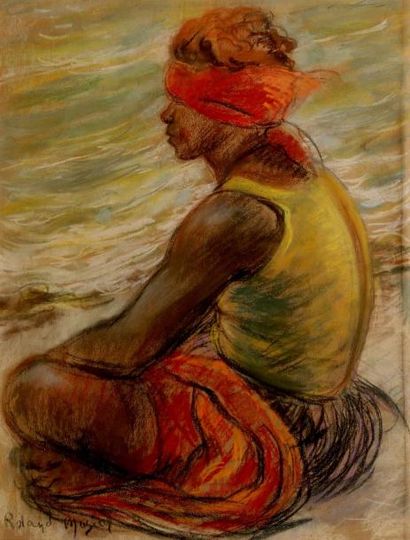 null Roland MASCART (1909- ?) Homme au turban rouge agenouillé. Pastel signé en bas...